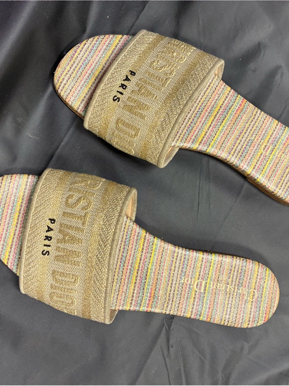 Dior Multicolor Stripe Slide Sandals with Gold Strap
